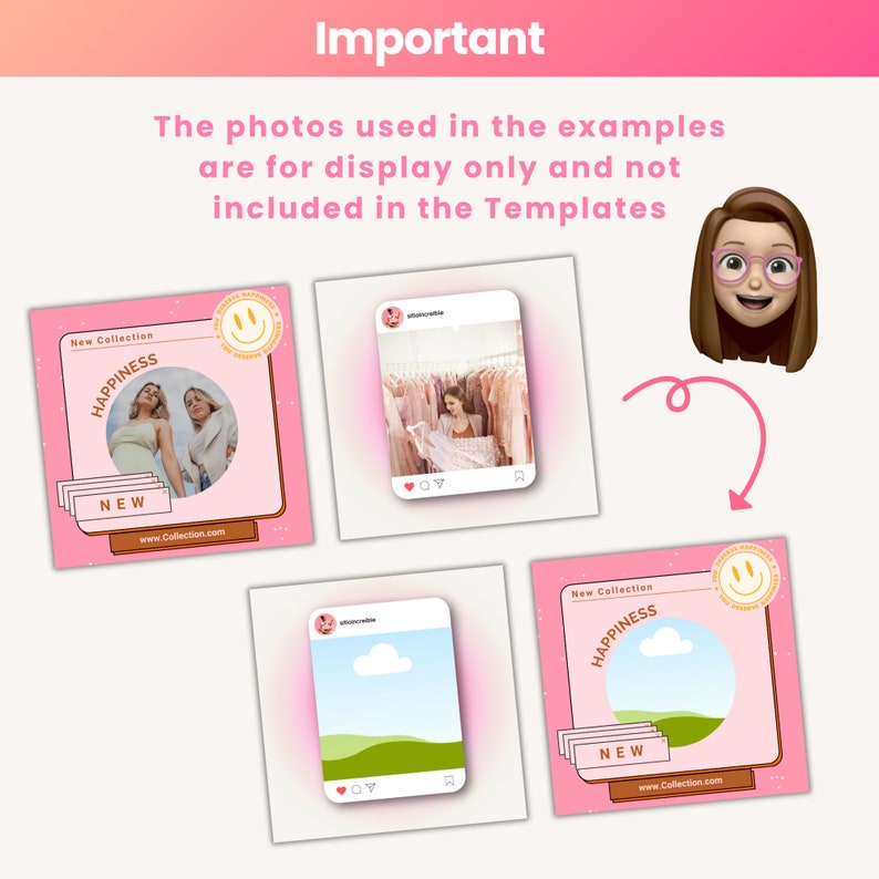 May include: Three pink Instagram post templates with a white circle in the center. The circle contains the text "New Collection", "HAPPINESS", and "NEW". The first template has a photo of two women in the circle. The second template has a photo of a woman in a pink dress in the circle. The third template has a photo of a green field and a white cloud in the circle.