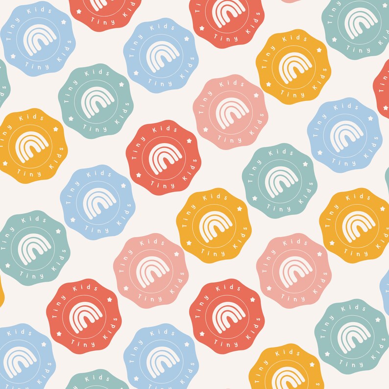 May include: A seamless pattern featuring colorful circular labels with a white rainbow graphic and the text "Tiny Kids" repeated throughout. The labels are in shades of blue, green, yellow, pink, and red.