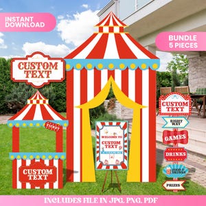 Puede incluir: Un conjunto de cinco decoraciones para fiestas con temática de circo. El conjunto incluye una gran carpa a rayas rojas y blancas, una taquilla y letreros con el texto "Custom Text", "Games", "Drinks", "Prizes" y "Food & Drinks". También se ven las palabras "Instant Download" y "Bundle 5 Pieces".