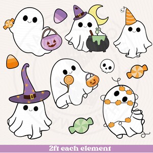 May include: Set of six cute cartoon ghost illustrations with Halloween themes. The ghosts are white with black outlines and various accessories, including a witch hat, a cauldron, a candy bag, a lollipop, and a pumpkin garland. The text "2ft each element" is at the bottom of the image.