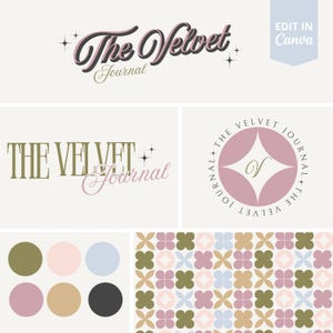 May include: A logo design for a publication called "The Velvet Journal". The logo features a stylized script font with a gold and black color scheme. The logo is surrounded by small gold stars. The design also includes a pattern of overlapping four-leaf clover shapes in pink, green, blue, and gold.