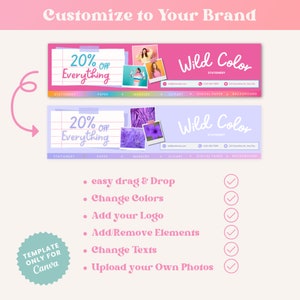 以下が含まれることがあります： 「20%オフすべて」と「Wild Color ステーショナリー」のテキストが書かれたピンクとパープルのバナー。バナーは、ドラッグアンドドロップ機能、色の変更、ロゴの追加、要素の削除、テキストの編集、写真のアップロードなど、簡単にカスタマイズできます。バナーはCanvaでの使用を目的としています。