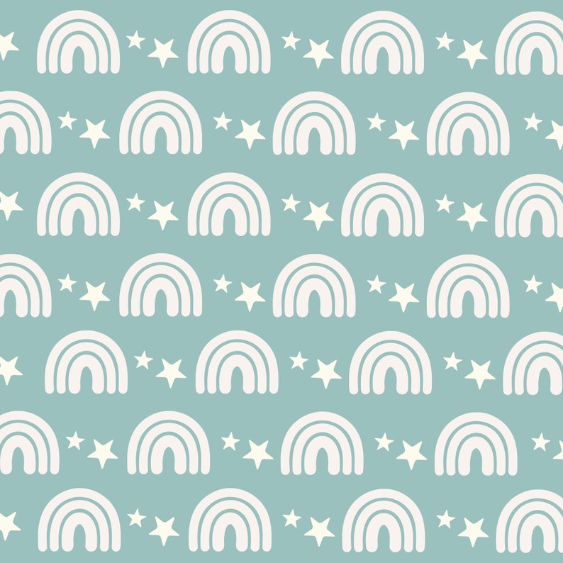 May include: A seamless pattern featuring white rainbows and white stars on a light blue background.