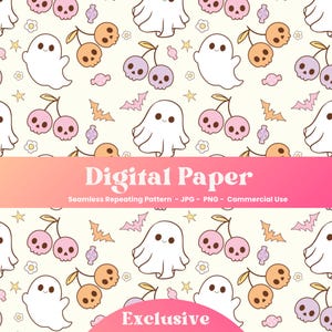 Puede incluir: Un patrón sin costuras con lindos fantasmas de dibujos animados, cerezas con calaveras, caramelos, murciélagos y estrellas sobre un fondo amarillo claro. El patrón está etiquetado como "Papel digital" y "Exclusivo".