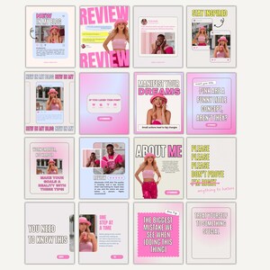 May include: A collage of 12 Instagram-style squares with pink and yellow text on a pink and white background. The text includes phrases like "New in my blog", "Review", "Stay Inspired", "Manifest your dreams", "About me", "You need to know this", "One step at a time", "The biggest mistake we see when doing this thing", and "Treat yourself to something special".