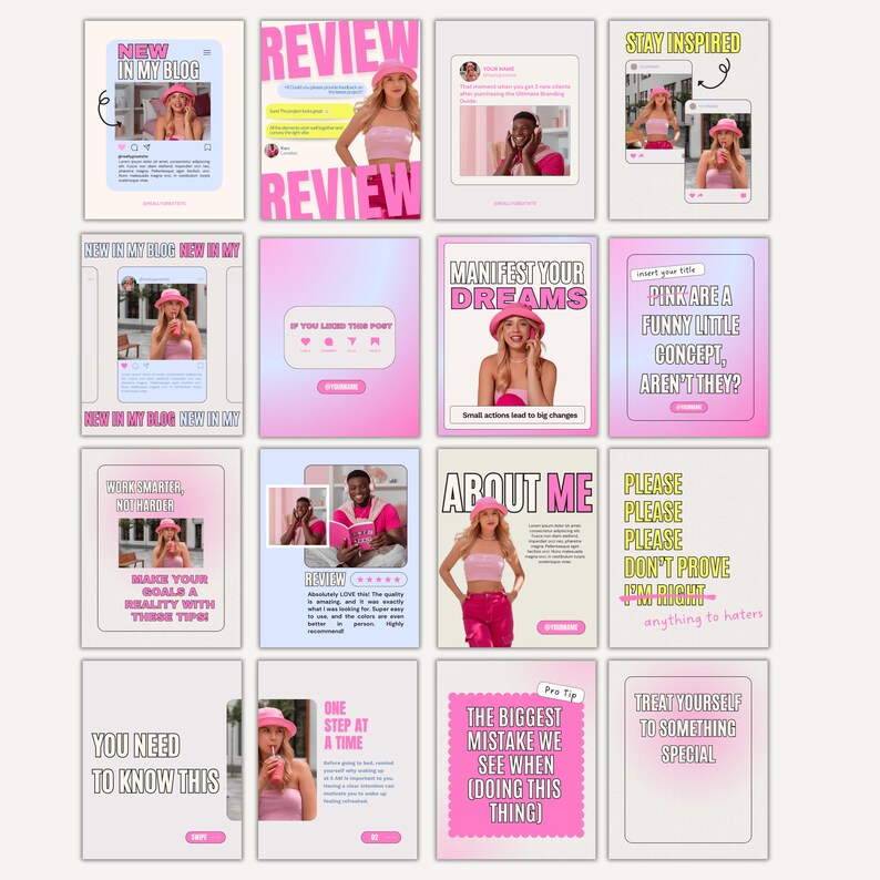 May include: A collage of 12 Instagram-style squares with pink and yellow text on a pink and white background. The text includes phrases like "New in my blog", "Review", "Stay Inspired", "Manifest your dreams", "About me", "You need to know this", "One step at a time", "The biggest mistake we see when doing this thing", and "Treat yourself to something special".