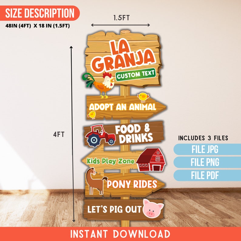 Puede incluir: Un cartel imprimible para una fiesta con tem&aacute;tica de granja. El cartel mide 1,2 metros de alto y 0,46 metros de ancho. Presenta un poste indicador de madera con cinco carteles. El cartel superior dice "La Granja" con el texto "Texto personalizado" debajo. Los otros carteles dicen "Adoptar un animal", "Comida y bebidas", "Zona de juegos para ni&ntilde;os", "Paseos en pony" y "Vamos a comer".