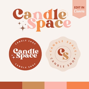 Op de afbeelding: Een logo-ontwerp voor een kaarsenwinkel genaamd "Candle Space". Het logo heeft een gestileerd tekstontwerp in de kleuren oranje, roze en bruin. Het logo bevat ook een kleinere versie met de initialen "CS" in een cirkel.