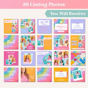 以下が含まれることがあります： Etsy リストで使用するための、カラフルなデジタル画像20点のセットです。画像には、テキスト、グラフィック、写真など、さまざまなデザインが使用されています。画像はすべて明るく楽しいスタイルで、さまざまなEtsyショップで使用できます。