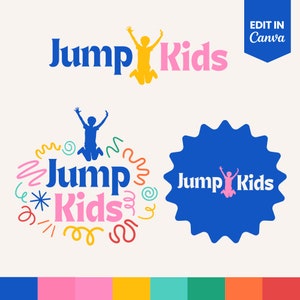 Puede incluir: Varios logotipos de "Jump Kids" con figuras saltando y las palabras "Jump Kids" en azul y rosa. Un logotipo está dentro de una estrella azul, y otro presenta garabatos coloridos y una figura saltando.