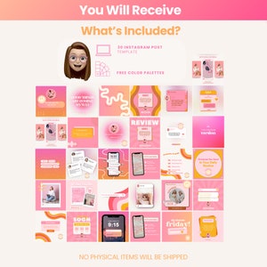 May include: A digital product listing for 30 Instagram post templates with free color palettes. The templates feature a pink and orange color scheme with various designs and text overlays. The text includes phrases like "Good things are coming my way", "Review", "It's almost Friday!" and "Soon".