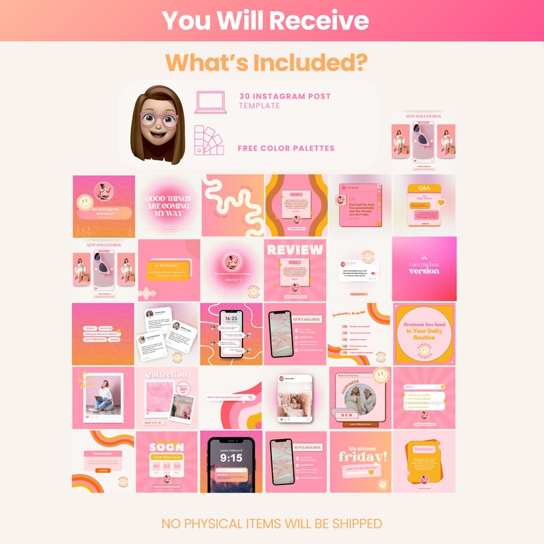 May include: A digital product listing for 30 Instagram post templates with free color palettes. The templates feature a pink and orange color scheme with various designs and text overlays. The text includes phrases like "Good things are coming my way", "Review", "It's almost Friday!" and "Soon".