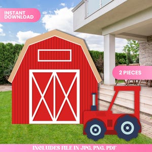 Puede incluir: Un granero rojo con detalles de puerta blancos y un techo beige, acompañado de un recorte de tractor rojo. La imagen incluye el texto "DESCARGA INSTANTÁNEA", "2 PIEZAS" y "INCLUYE ARCHIVO EN JPG, PNG, PDF". El granero y el tractor están sobre césped verde.