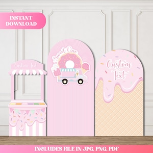 Puede incluir: Decoraciones rosas para fiestas con temática dulce. Incluye un puesto, un arco con temática de donut y un arco de cono de helado. Los textos "Sweet One" y "Custom Text" son visibles. La imagen también incluye el texto "Instant Download" e "Includes file in JPG, PNG, PDF."