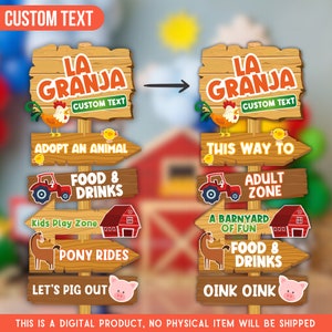 Puede incluir: Un conjunto de carteles imprimibles para una fiesta con tem&aacute;tica de granja. Los carteles presentan un fondo de madera con un granero rojo y un tractor. Los carteles incluyen el texto "La Granja", "Adoptar un animal", "Comida y bebidas", "Zona de juegos para ni&ntilde;os", "Paseos en pony", "Vamos a comer como cerdos", "Este camino", "Zona de adultos", "Un corral de diversi&oacute;n", "Comida y bebidas", y "Oink Oink".