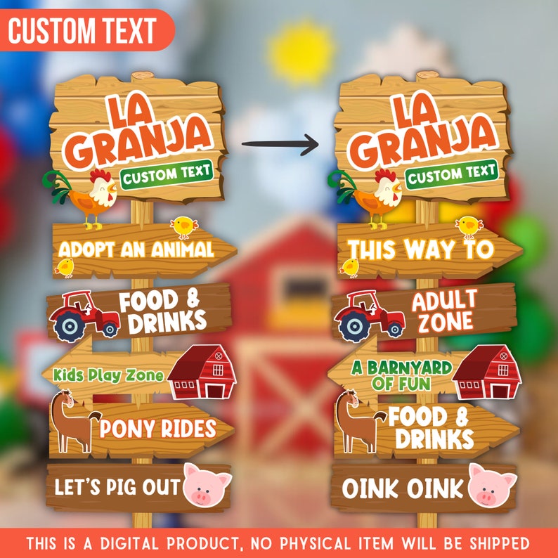 Puede incluir: Un conjunto de carteles imprimibles para una fiesta con tem&aacute;tica de granja. Los carteles presentan un fondo de madera con un granero rojo y un tractor. Los carteles incluyen el texto "La Granja", "Adoptar un animal", "Comida y bebidas", "Zona de juegos para ni&ntilde;os", "Paseos en pony", "Vamos a comer como cerdos", "Este camino", "Zona de adultos", "Un corral de diversi&oacute;n", "Comida y bebidas", y "Oink Oink".