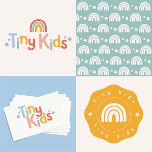 May include: A colorful logo design for a business called "Tiny Kids" featuring a rainbow and stars. The logo is shown in four different variations: a full color version, a black and white version, a version with a white background, and a version with a yellow background.