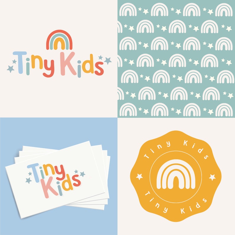 May include: A colorful logo design for a business called "Tiny Kids" featuring a rainbow and stars. The logo is shown in four different variations: a full color version, a black and white version, a version with a white background, and a version with a yellow background.