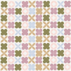 May include: A seamless pattern of repeating four-leaf clover shapes in pink, light blue, brown, and green.