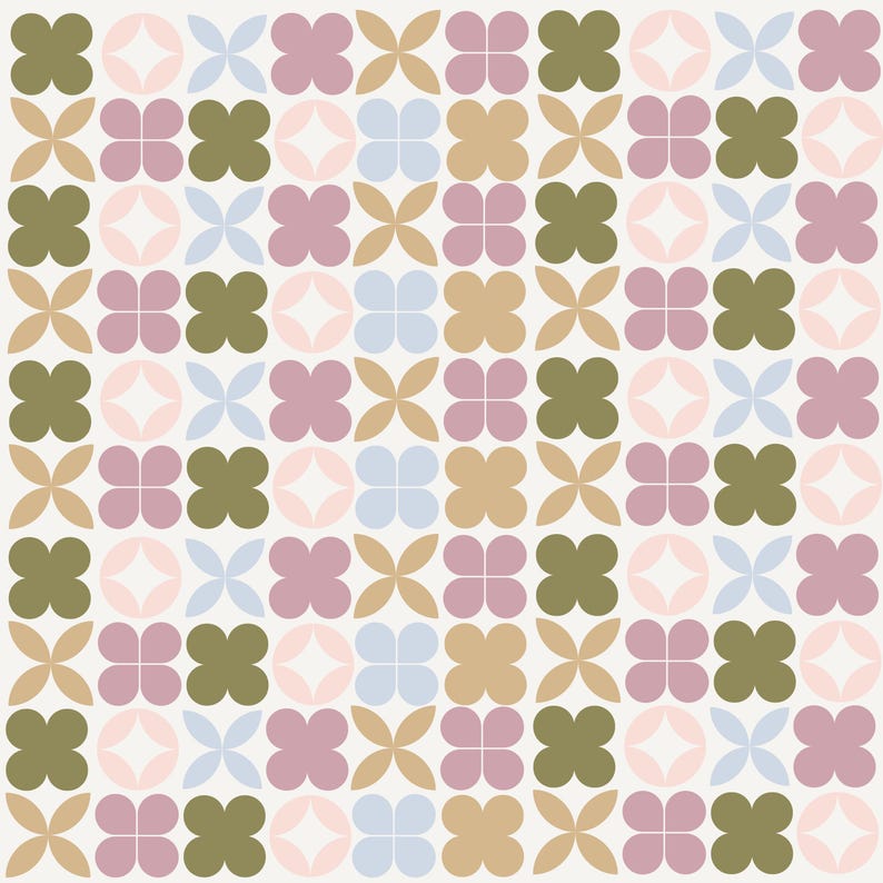 May include: A seamless pattern of repeating four-leaf clover shapes in pink, light blue, brown, and green.