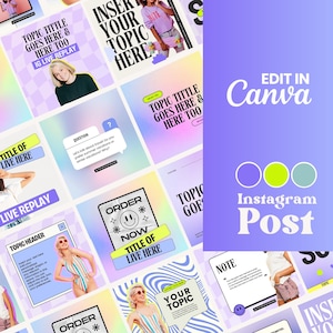 Puede incluir: Un collage de plantillas de publicaciones de Instagram coloridas con superposiciones de texto. Las plantillas presentan una variedad de diseños, que incluyen un degradado de arcoíris, un patrón a cuadros y un patrón ondulado. Las superposiciones de texto incluyen frases como "Título del tema aquí y también aquí", "Pedir ahora" e "Insertar tu tema aquí".