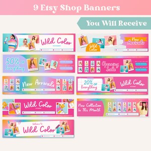 以下が含まれることがあります： ピンクとブルーのカラーリングでデザインされた、Etsyショップのバナー9つ。バナーには、「Wild Color」、「New Arrivals」、「50% off Everything」、「Opening Sale」、「20% off Everything」、「New Collection in This Month」などのテキストが書かれています。
