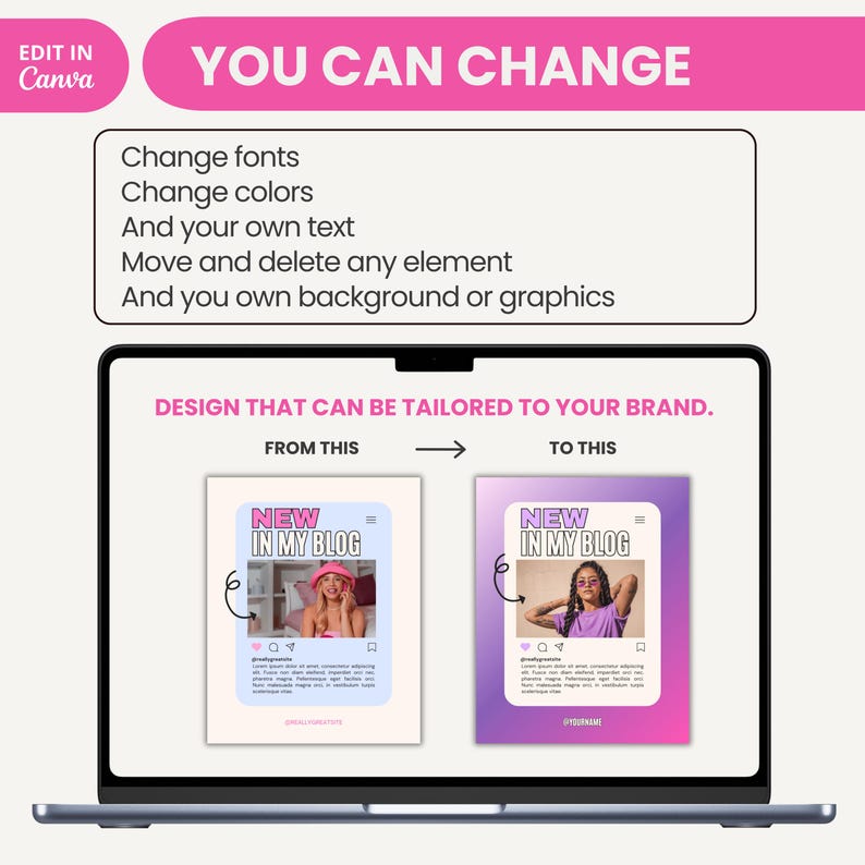 May include: A laptop screen displaying a Canva design template with the text "You Can Change". The template shows how to customise a social media post with different fonts, colours, and text. The text "NEW IN MY BLOG" is featured in the design.