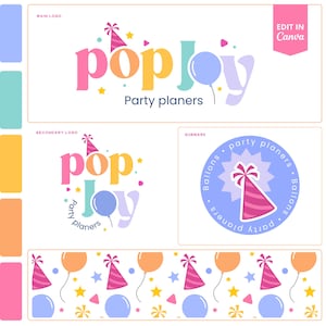以下が含まれることがあります： 「popJoy Party Planers」のカラフルなグラフィックデザイン。パーティーハット、風船、星が描かれています。テキストは遊び心のあるフォントで、ピンク、オレンジ、黄色、青のカラーパレットを使用しています。パーティーの企画に。