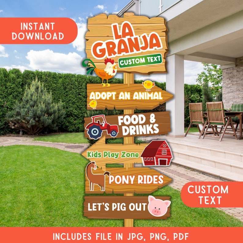 Puede incluir: Un cartel de madera con tem&aacute;tica de granja. El cartel tiene un gallo, un tractor, un granero, un caballo y un cerdo. El cartel dice "La Granja" y "Texto personalizado". El cartel tambi&eacute;n tiene flechas que apuntan a diferentes actividades, como "Adoptar un animal", "Comida y bebidas", "Zona de juegos para ni&ntilde;os", "Paseos en pony" y "Vamos a salir de fiesta".