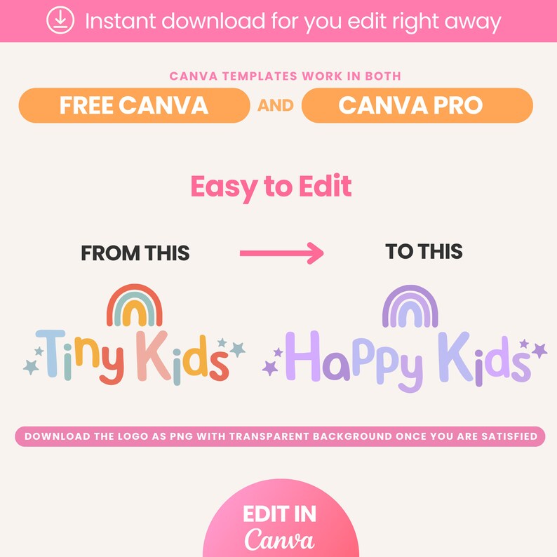 May include: A digital design template for a logo that says "Tiny Kids" with a rainbow and stars. The design can be edited in Canva and downloaded as a PNG file with a transparent background. The template can be used with both free and pro versions of Canva.