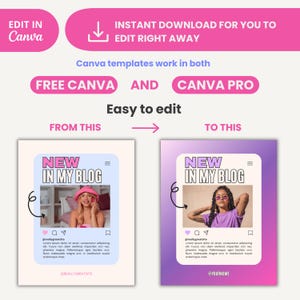May include: A social media post template with a purple and pink gradient background. The text "NEW IN MY BLOG" is in bold white letters. The template features a photo of a person wearing sunglasses and a purple shirt. The text "@YOURNAME" is at the bottom of the template.
