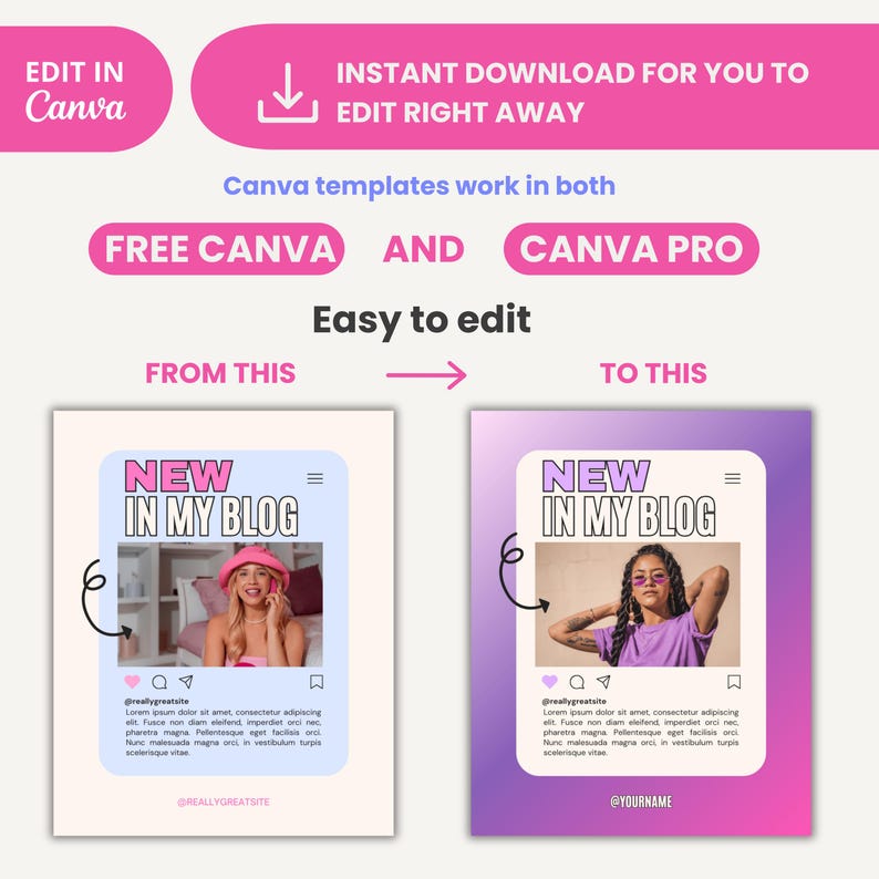May include: A social media post template with a purple and pink gradient background. The text "NEW IN MY BLOG" is in bold white letters. The template features a photo of a person wearing sunglasses and a purple shirt. The text "@YOURNAME" is at the bottom of the template.
