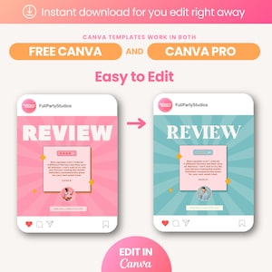 May include: Two Instagram post templates with a pink and blue background. The templates feature a review of cupcakes with a five-star rating and a quote from a customer. The text on the template says "REVIEW". The templates are editable in Canva.