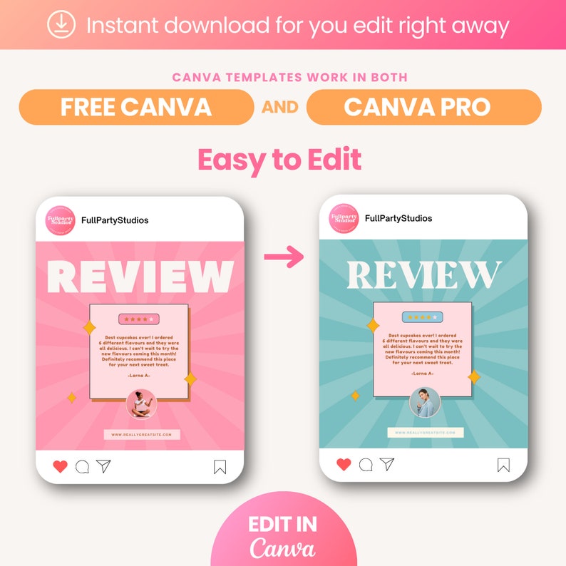 May include: Two Instagram post templates with a pink and blue background. The templates feature a review of cupcakes with a five-star rating and a quote from a customer. The text on the template says "REVIEW". The templates are editable in Canva.