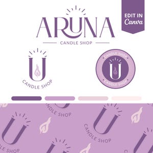 Op de afbeelding: Een logo-ontwerp voor een kaarsenwinkel met de naam "ARUNA" en "CANDLE SHOP". Het ontwerp bevat een "U" met een vlam, een cirkelvormig logo en een herhalend patroon. Het kleurenpalet omvat paarse tinten. De tekst "EDIT IN Canva" is ook zichtbaar.