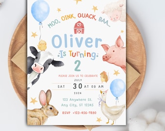 Editable Farm Animals Birthday, Watercolor pastel Farm Invitation, Barnyard 2nd Birthday Party, Farm Animals Watercolor, Party Invitation