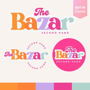 Puede incluir: El logotipo de Bazar en un círculo con el texto "The Bazar Second Hand" en letras naranja, morado, rosa y verde sobre un fondo rosa.