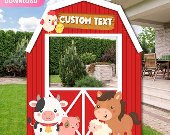 Red Farm Barn Animals Selfie Frame | Barn Photo Booth Prop | Farm Birthday Custom Text | farm Animals Birthday Decor, kids party decor