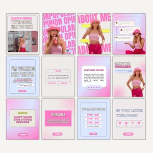 May include: A collage of nine Instagram story templates with pink and blue backgrounds. The templates feature text such as "Believe in yourself", "I'm working late 'cuz I'm a blogger", "Manifest your dreams", and "If you liked this post".