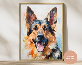 シェパード犬の油彩画 ヴィンテージのジャーマンシェパードの油絵：農家の犬アート（デジタル