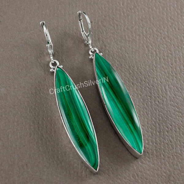 Natural Malachite Earring, 925 Sterling Silver Earring, Marquise Shape Earring, Large Dangle Earring, Lever Back Earring, Gemstone Earring