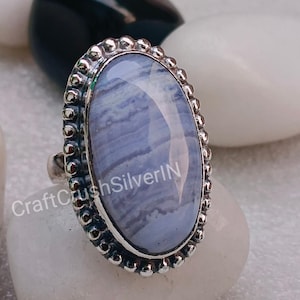 Oval blå spetsagat sterlingsilverring, bohemiska vardagssmycken
