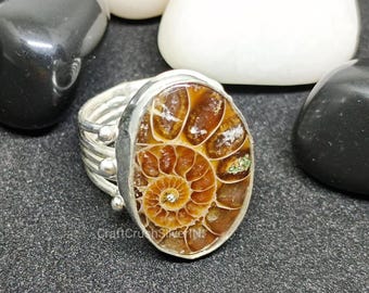 Ammonite Fossil Ring: Handmade 925 Sterling Silver Pear Shape