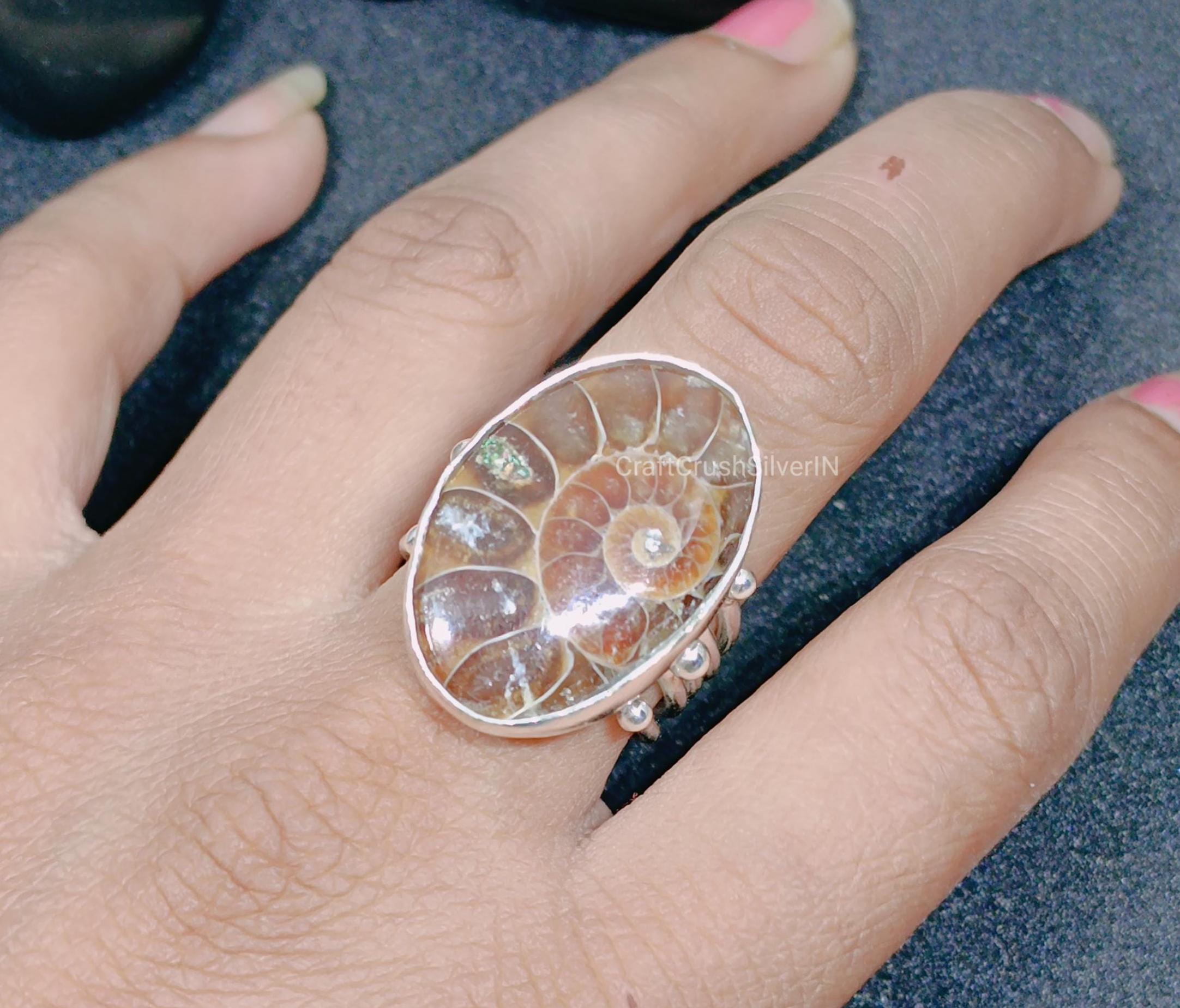 アンモナイト化石リング：ハンドメイド925スターリングシルバーペア