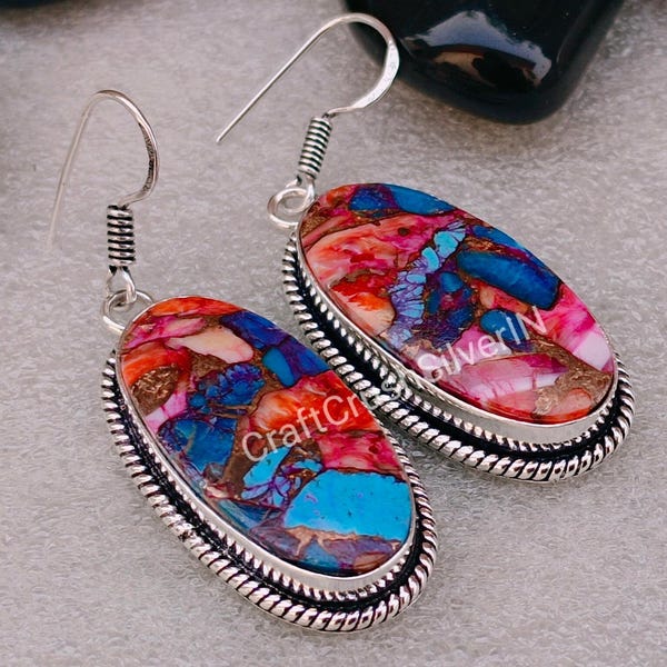 Kingman Turquoise Earrings: Pink Dahlia Spiny Oyster Ring