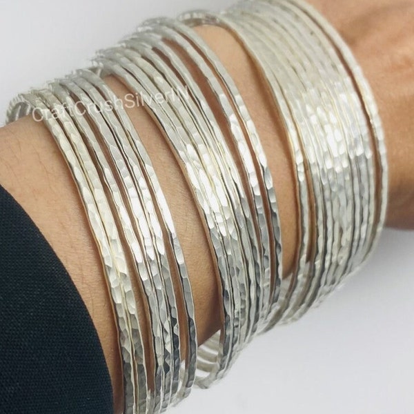 Set of 7 Bangles, 925 Sterling Silver Stacking Bangles For Women, Semanario, Stacking Bracelets, 7 Day Bangles, Hammered Bangles.