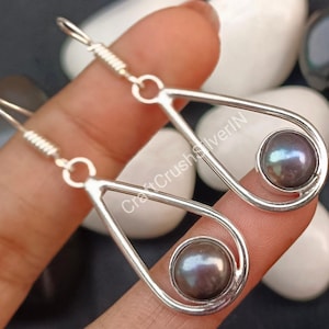 Black Pearl Drop Earrings: Sterling Silver Hook, Bridal Jewelry