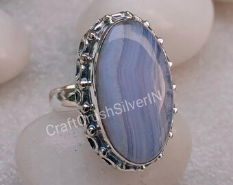 Blauer Spitzen Achat Stein Ring: Sterling Silber Oval Edelstein Statement Ring