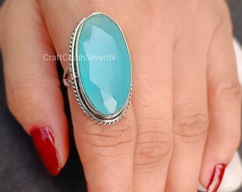 アクアカルセドニースターリングシルバーリング：ハンドメイドの婚約