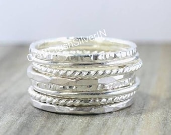 Conjunto de anillos de apilamiento de plata esterlina, anillos de apilamiento, bandas martilladas y torcidas, anillo de mujer, conjunto de 8 anillos, anillo de plata, joyería hecha a mano